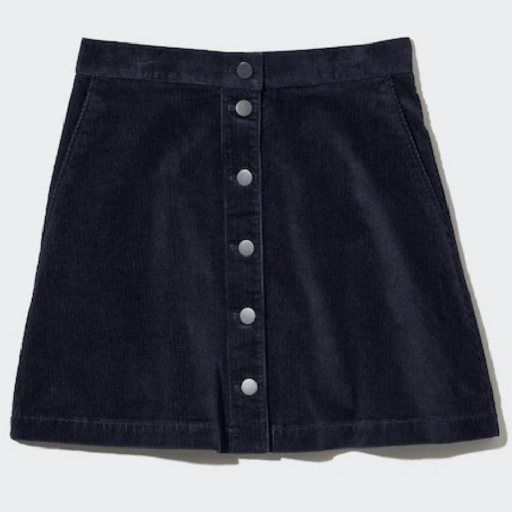 Uniqlo Navy Corduroy A-Line Button Front Mini Skirt